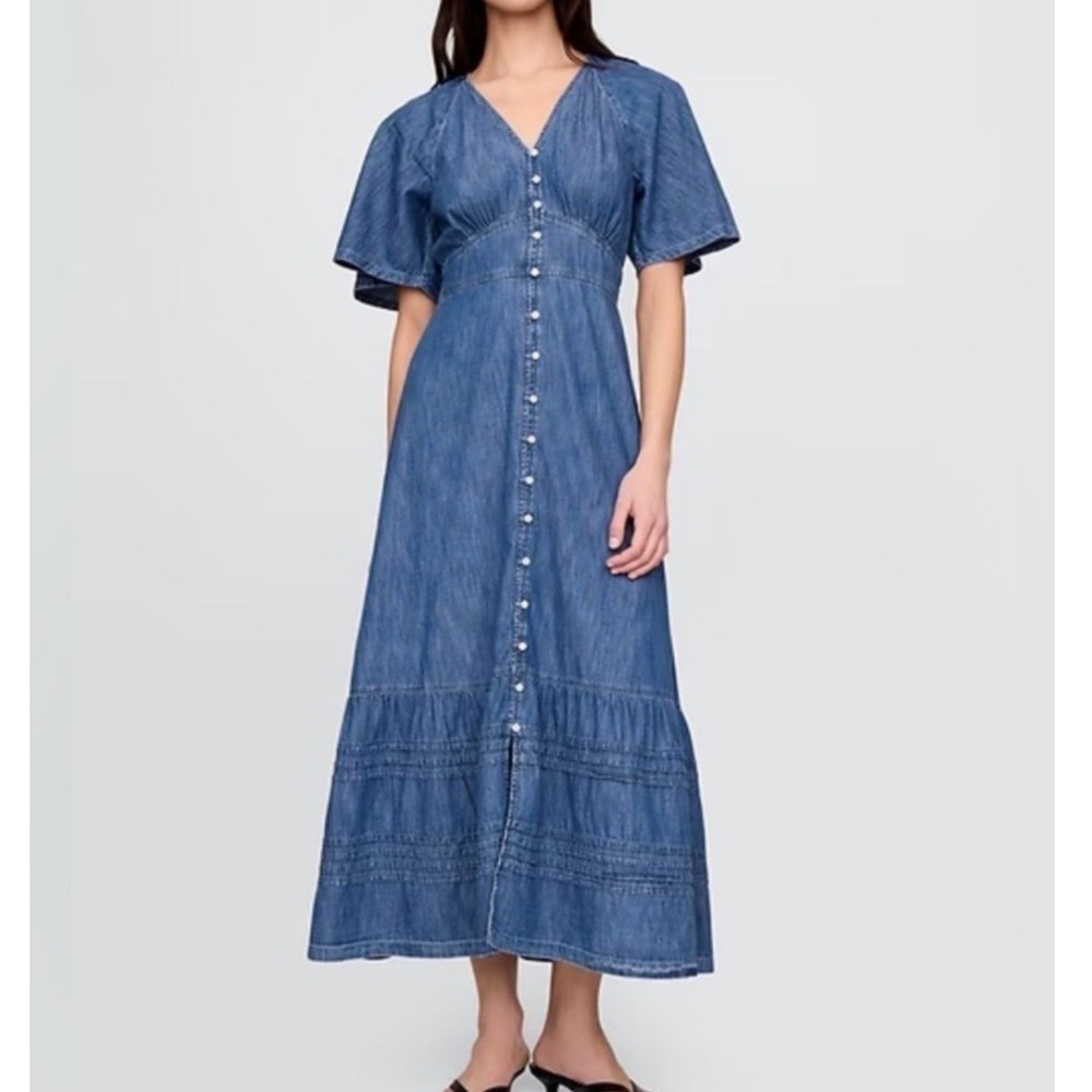 Gap Flutter Sleeve Maxi Dress Womens XL Tall Blue Denim Button Front Tiered
